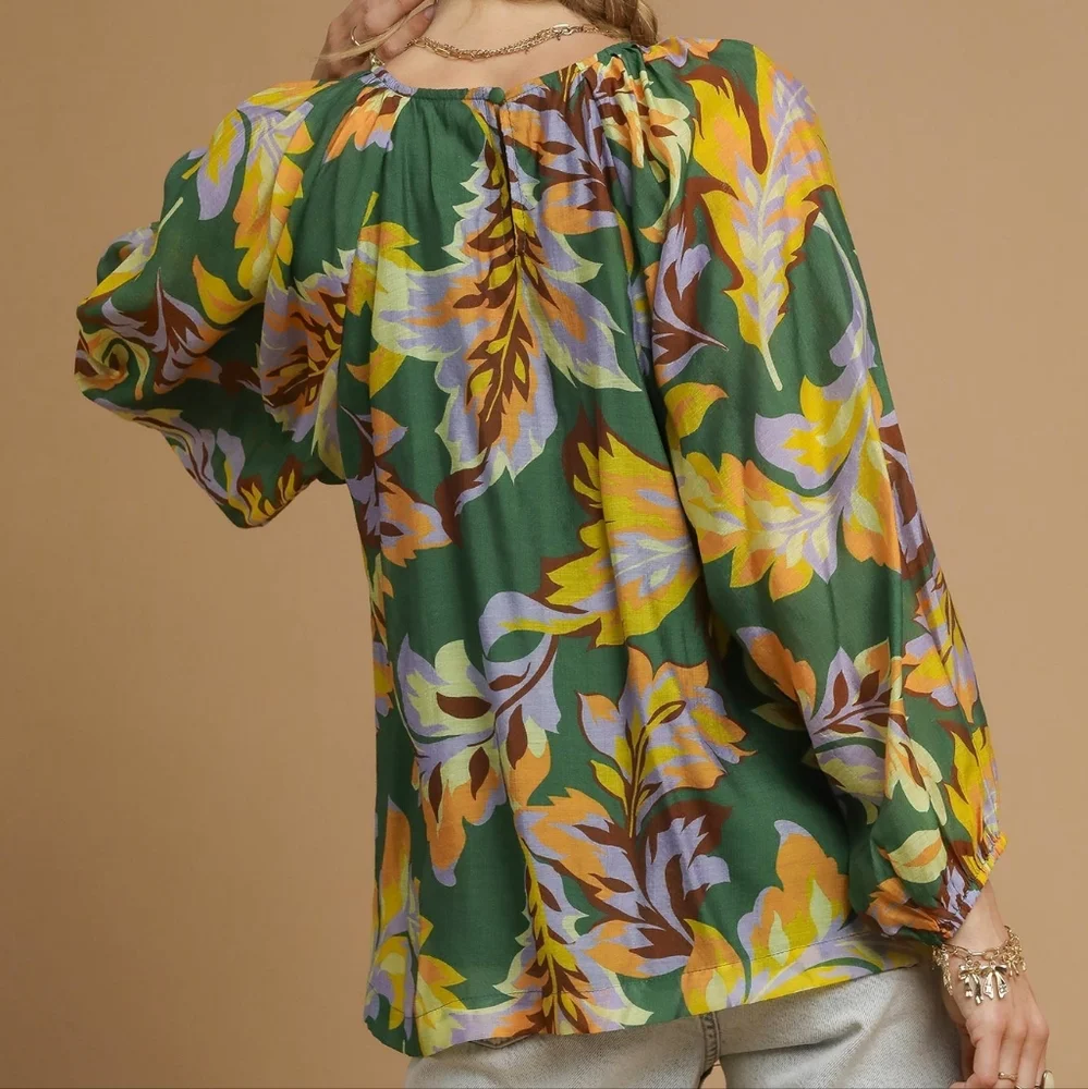 Umgee Retro Abstract Shirt Pleated 70s Round Neck Top Long Balloon Sleeve Blouse - Picture 13 of 16